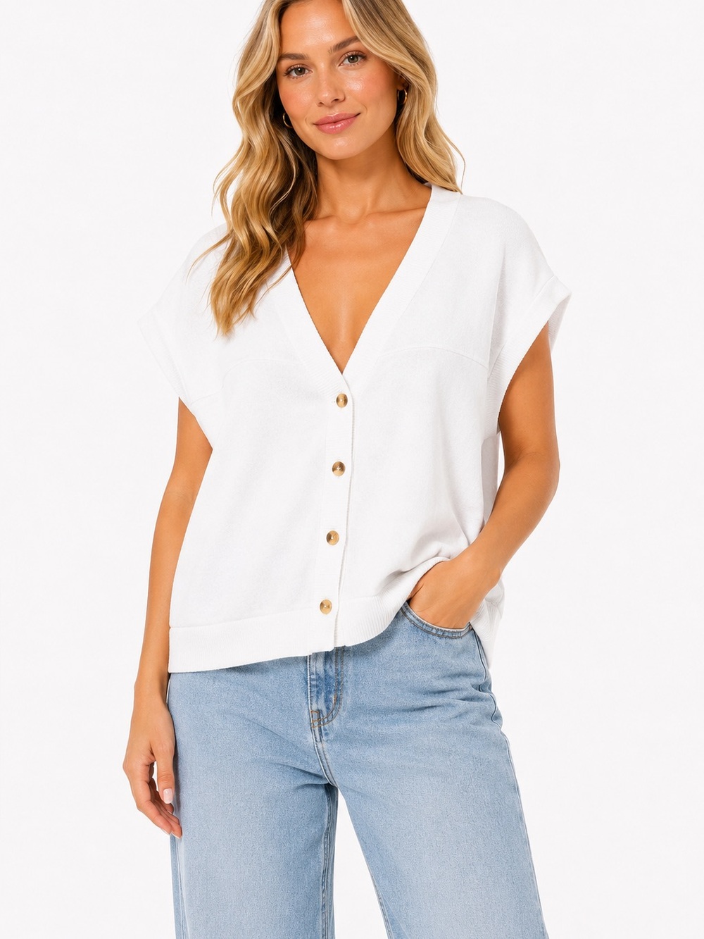 Maeve by Anthropologie Size Medium Women’s White Button-Front V-Neck Knit Top